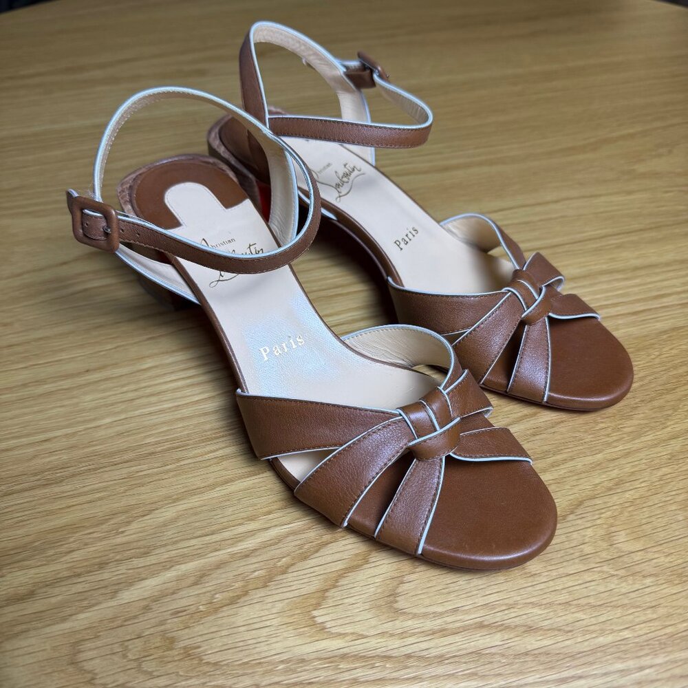 Christian Louboutin Brown Leather Block Heel Sandals Size 38.5 US Size 8